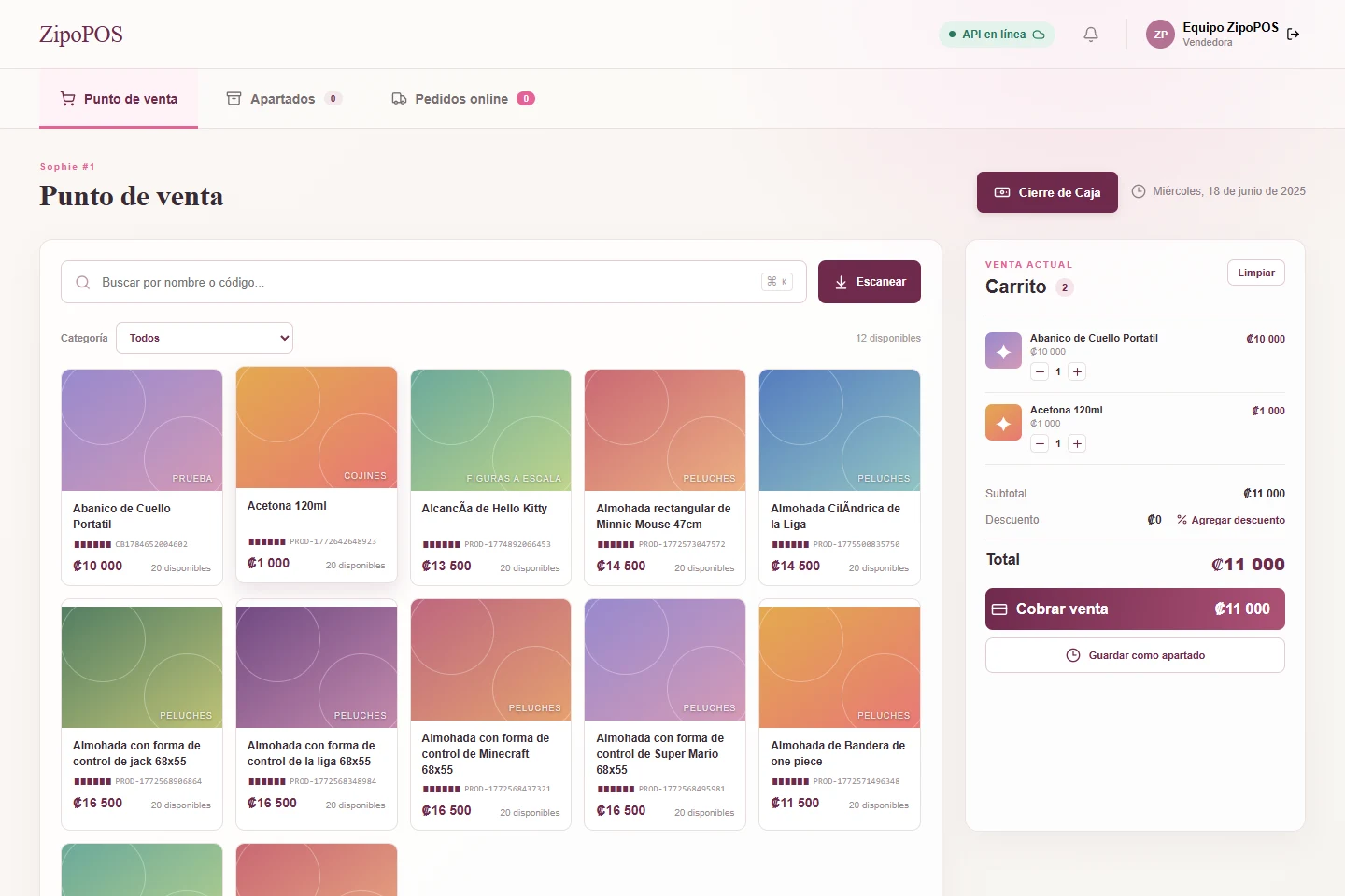 Pantalla de ZipoPOS con busqueda de productos, categorias, carrito, descuentos y cierre de caja